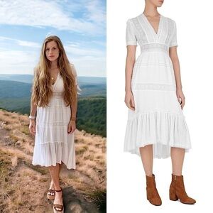 THE KOOPLES Lace Trim Pointelle Embroidery Short Sleeve Ruffle Hem Midi Dress XS
